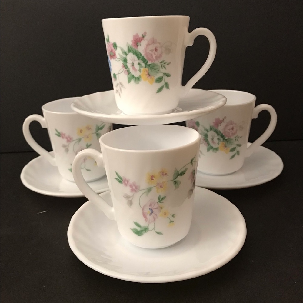 Vintage Arcopal France flower cups & saucers (set of 4)
